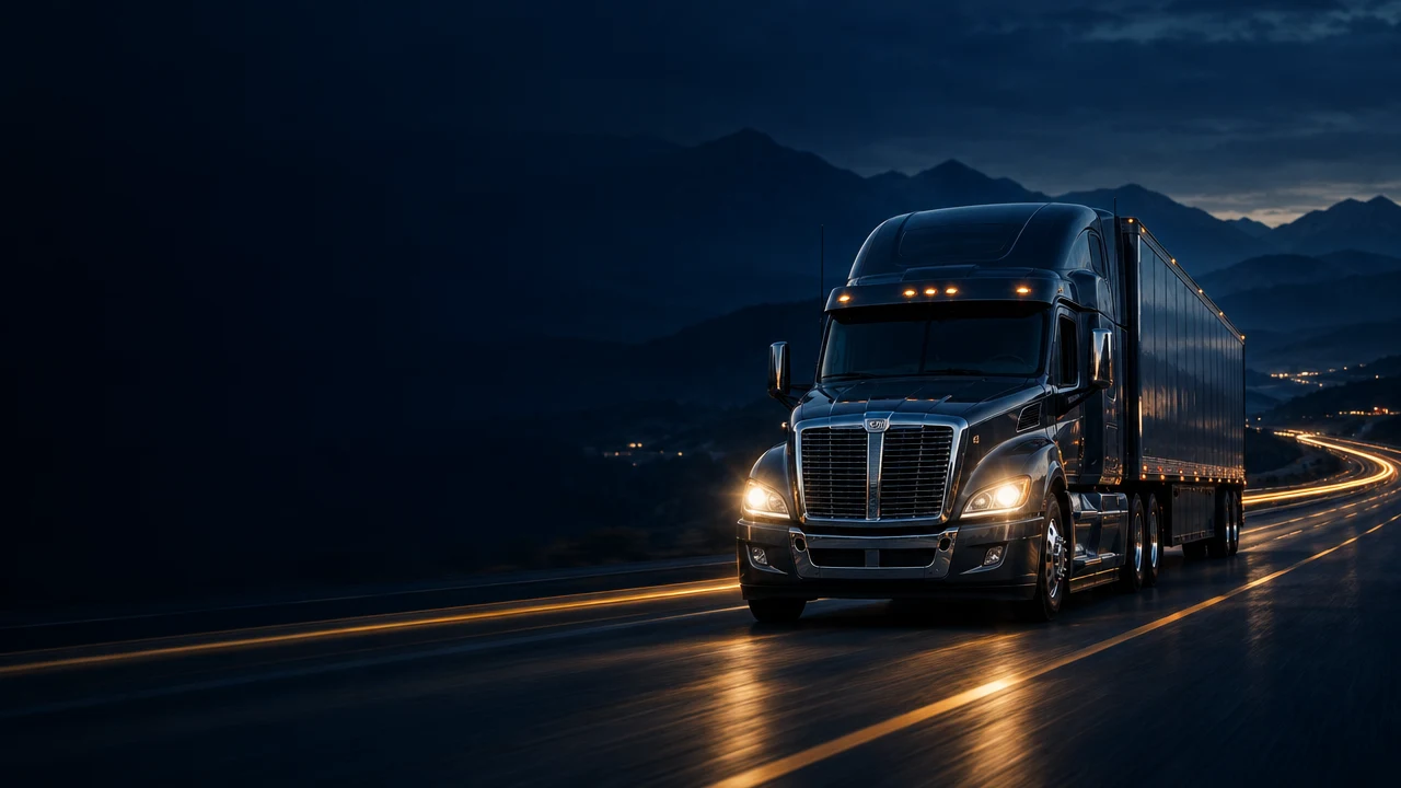 Freight truck on a midnight highway, with golden light trails tracing the road ahead